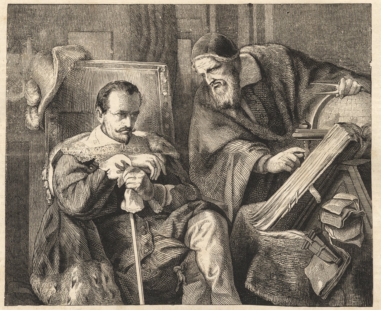 Albrecht von Wallenstein (Waldstein) (1583-1634) med astrologen Giovanni Battista Seni (Seno, Zeno, Senno Zenno) (1600-1656) efter et maleri af Julius Schrader af Julius Friedrich Anton (after) Schrader