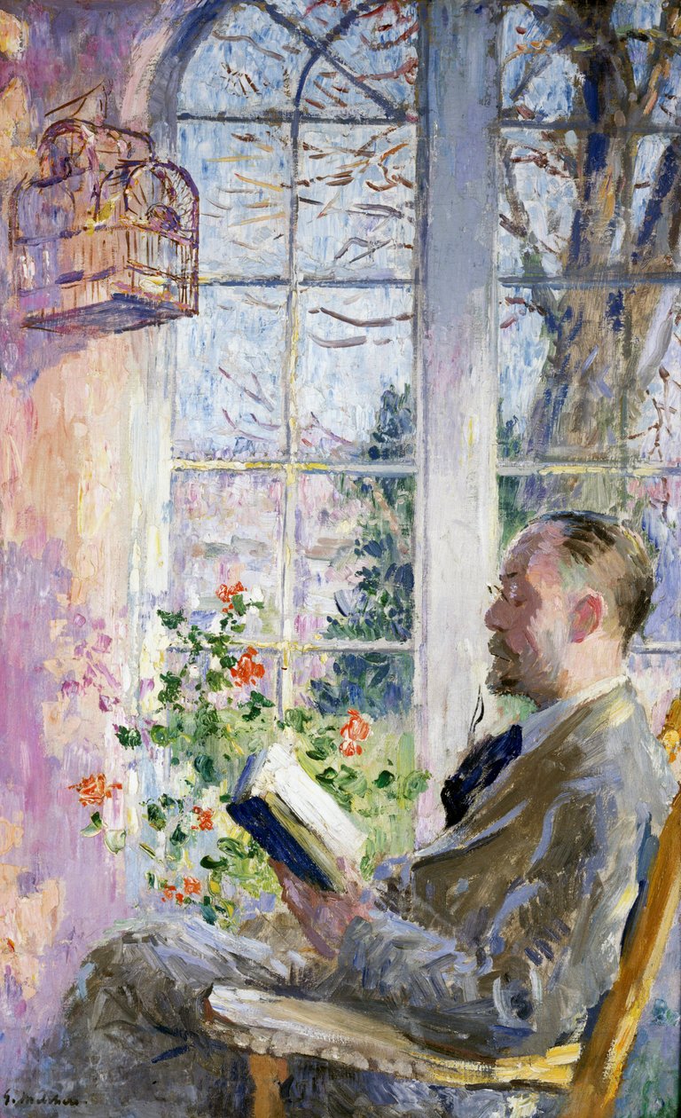 "I verandaen" En mand læser en bog, og der hænger et bur med en fugl. Maleri af Julius Gari Melchers (1860-1932) af Julius Gari Melchers