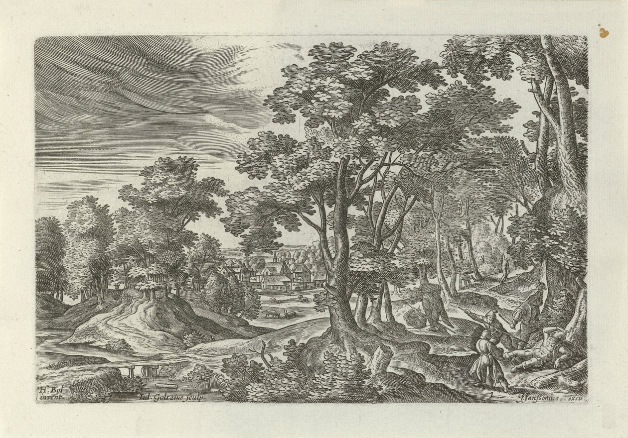 Landskab med røveri på den rejsende Landskaber med scener fra lignelsen om den barmhjertige samaritaner (serietitel) af Julius Goltzius