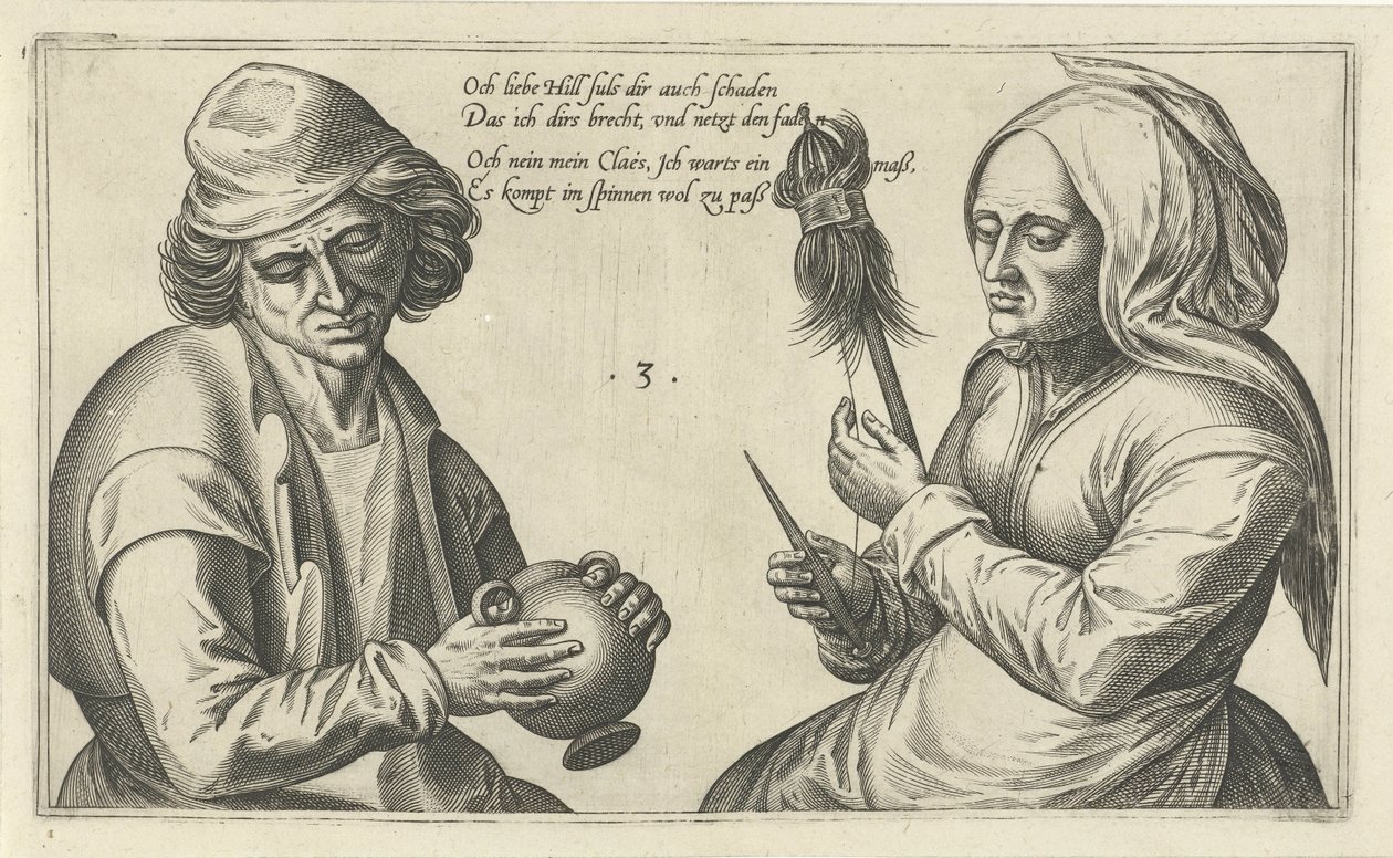 Spindende kvinde med sin mand Ordspil om forholdet mellem mand og kvinde (serietitel) af Julius Goltzius