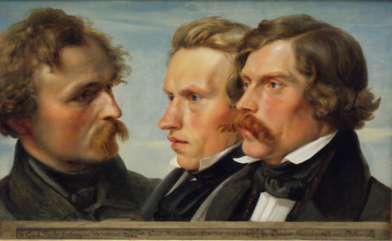 Unge Düsseldorf. Gruppeportræt af malerne Karl Friedrich Lessing, Carl Ferdinand Sohn og Theodor Hildebrandt, 1839 af Julius Huebner