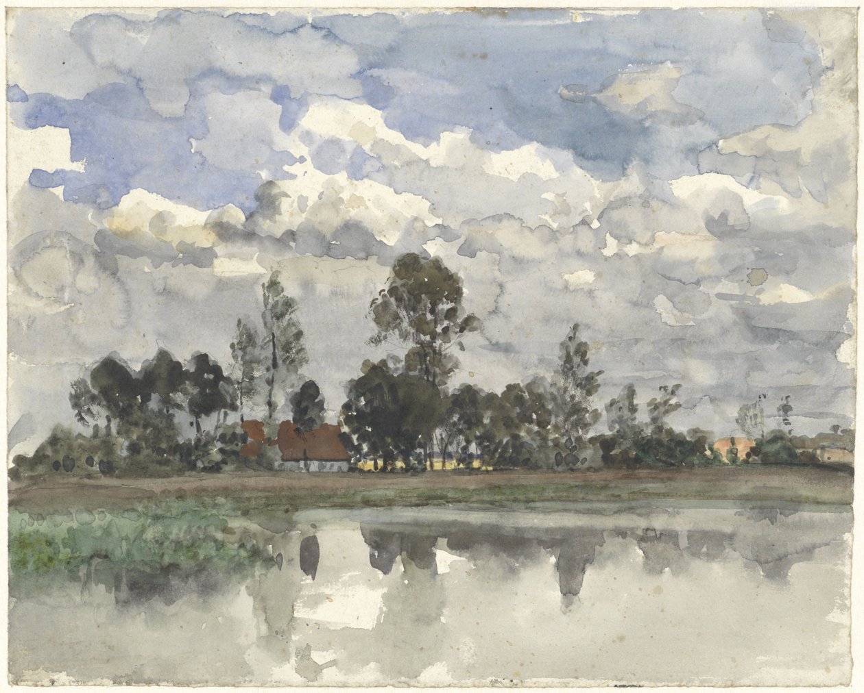 Træer reflekterer i vandet i en overskyet himmel af Julius Jacobus van de Sande Bakhuyzen