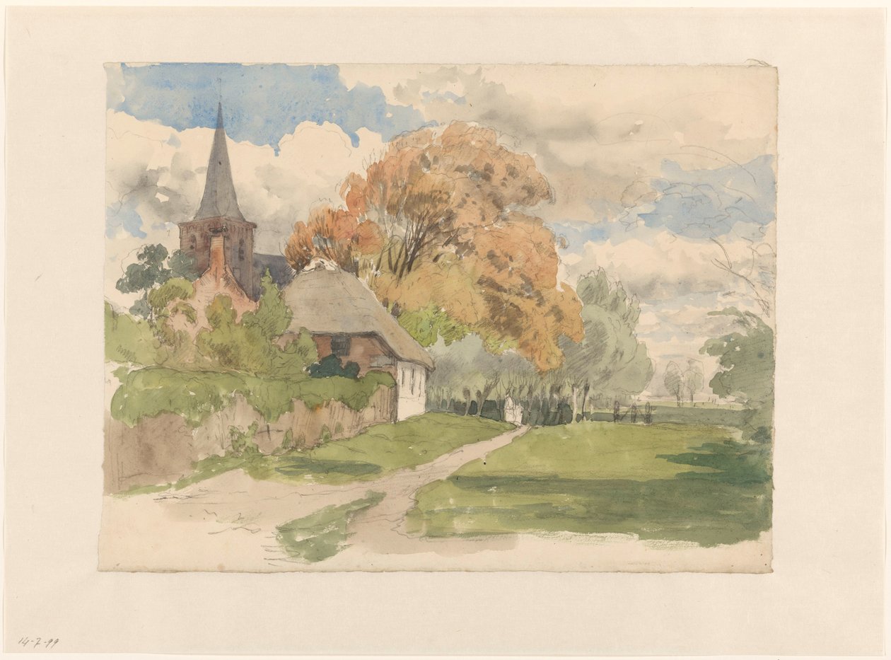 Gård ved en landsbykirke af Julius Jacobus van de Sande Bakhuyzen