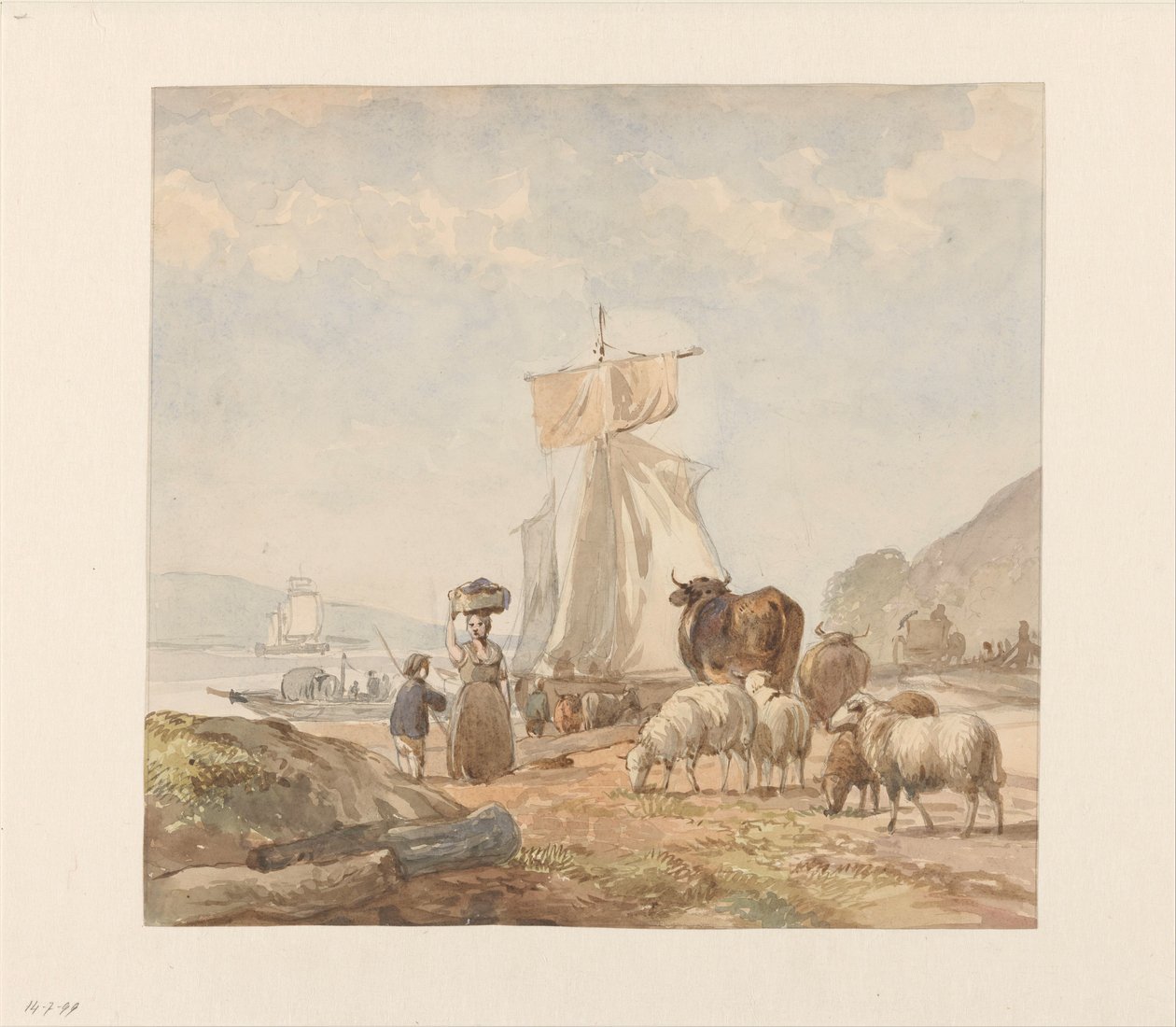 Figurer med kvæg ved flodbredden med færge af Julius Jacobus van de Sande Bakhuyzen