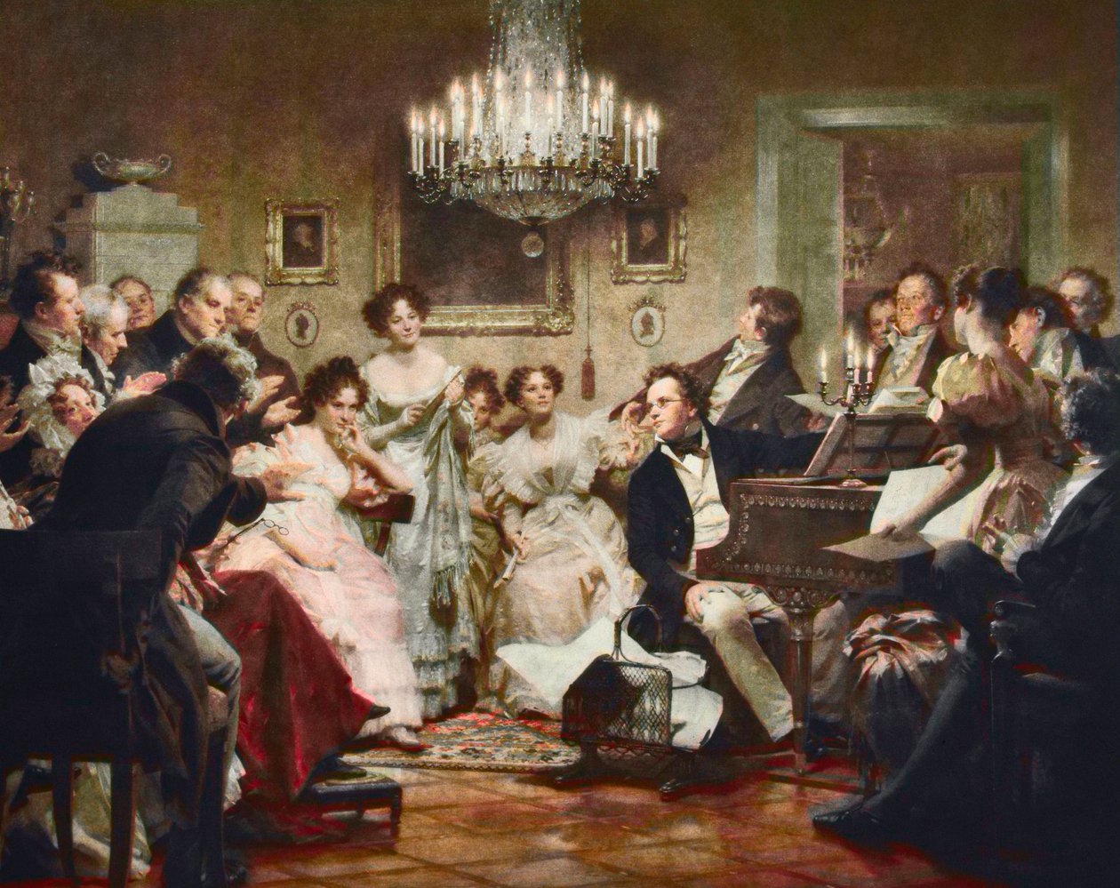 Franz Schubert (1797-1828) ved klaveret under en Schubert-aften i en salon i Wien - gravering efter Julius Schmid (1854-1935) af Julius Schmid