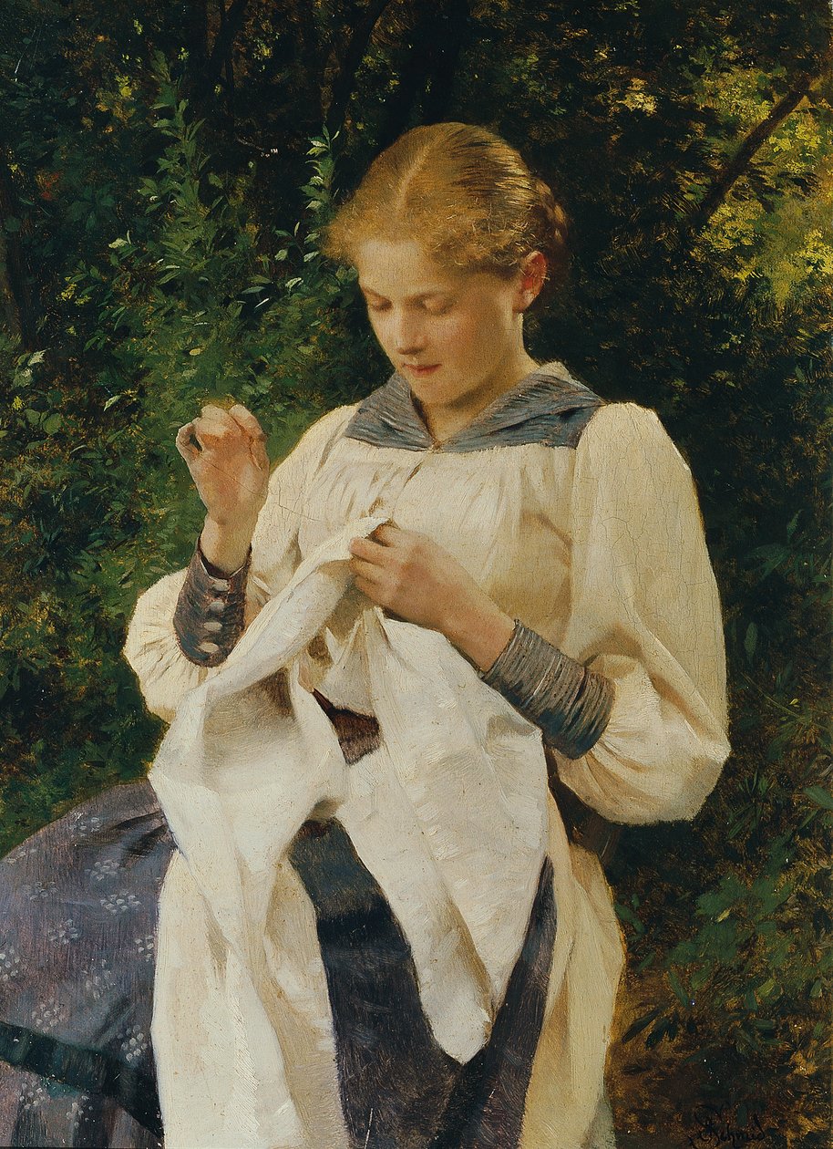 Pige med håndarbejde (Marianne von Scheibenhof-Goriany) af Julius Schmid
