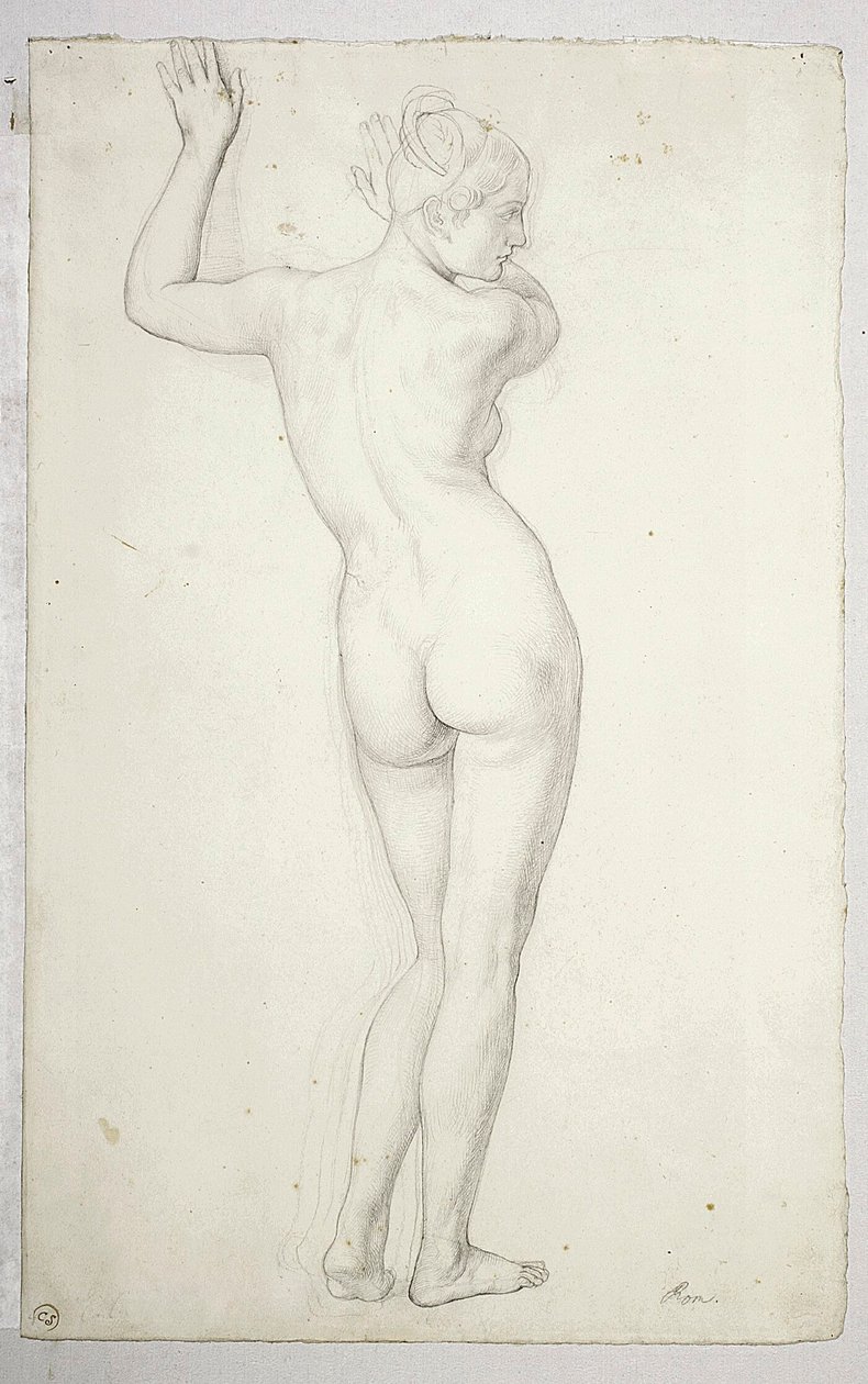 Kvindelig nøgenfigur i stående positur, set bagfra; verso, omrids af en kvindelig nøgenfigur af Julius Schnorr von Carolsfeld