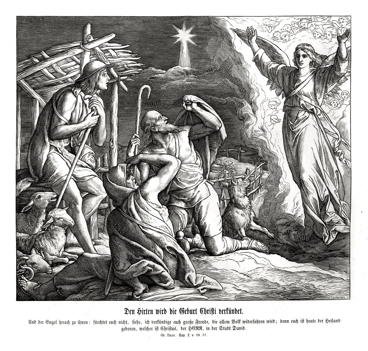 En engel viser sig for hyrderne, Lukasevangeliet af Julius Schnorr von Carolsfeld