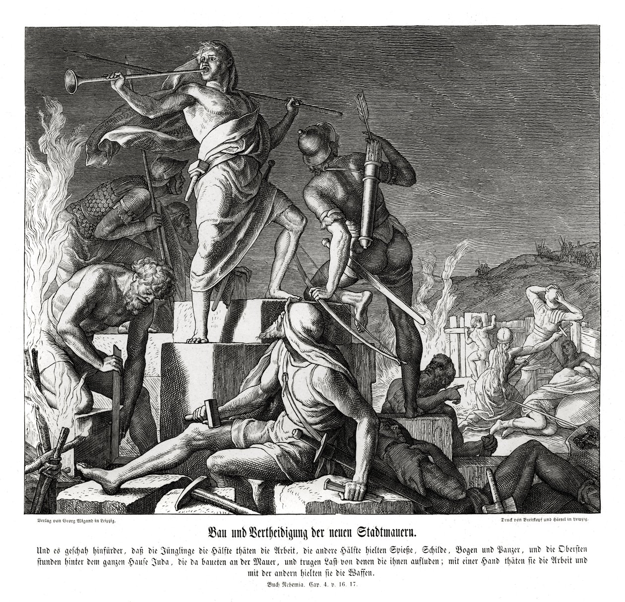 Bygning og forsvar af de nye bymure, Nehemiah af Julius Schnorr von Carolsfeld