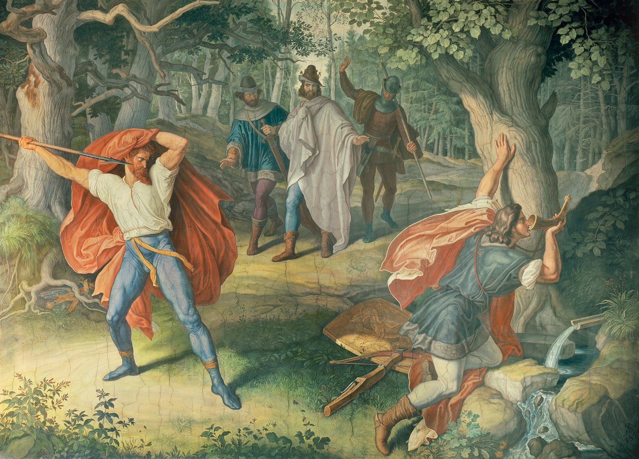 Hagen dræber Siegfried ved springvandet, Hall of Nibelungens af Julius Schnorr von Carolsfeld