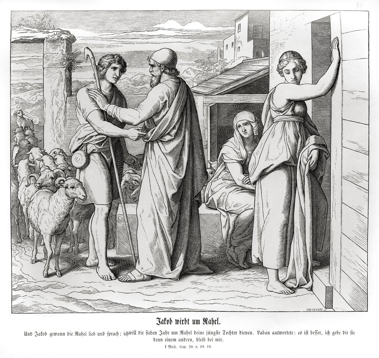 Jakob beder Laban om Rakel som sin hustru, 1. Mosebog af Julius Schnorr von Carolsfeld