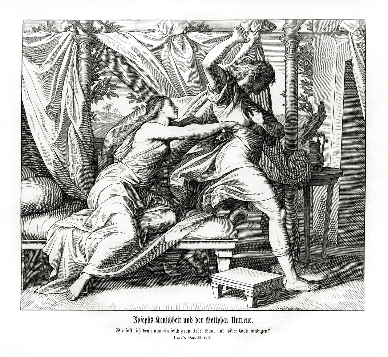Josef nægter at ligge med Potifar, Første Mosebog af Julius Schnorr von Carolsfeld