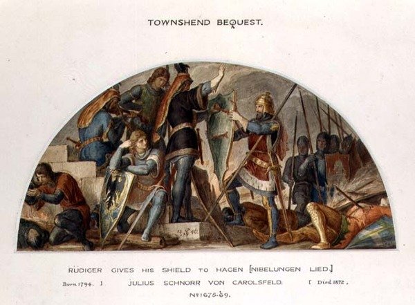 Rudiger giver sit skjold til Hagen, illustration til 