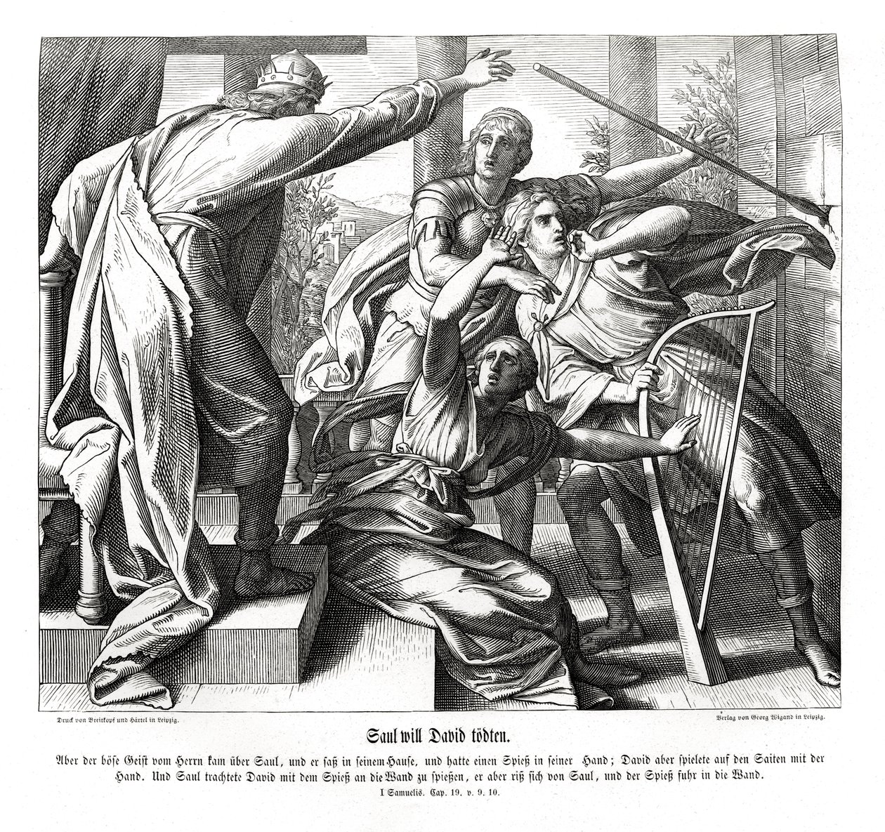 Saul forsøger at dræbe David af Julius Schnorr von Carolsfeld