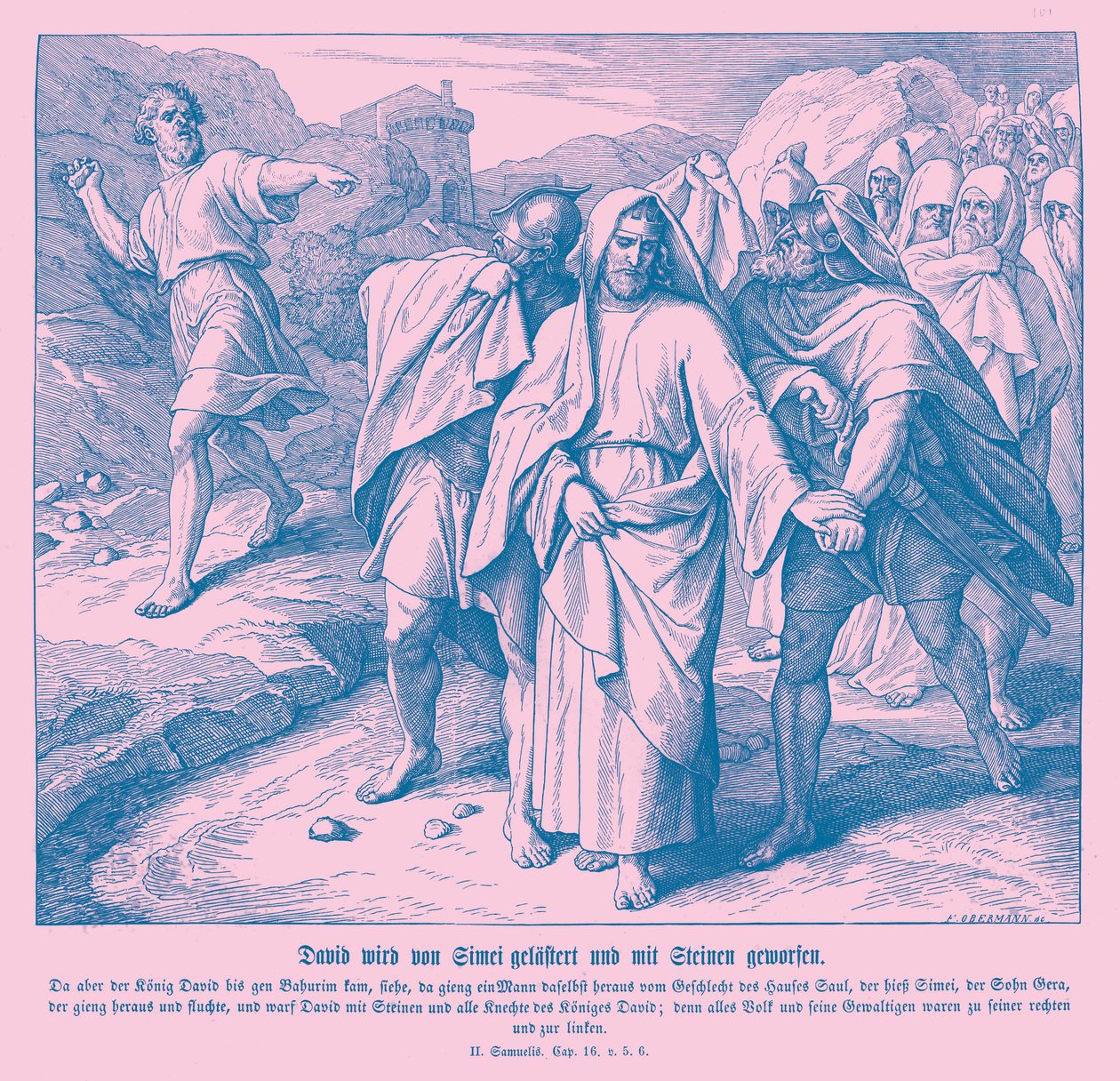 Shimei bander og kaster sten efter David, 2 Samuel af Julius Schnorr von Carolsfeld