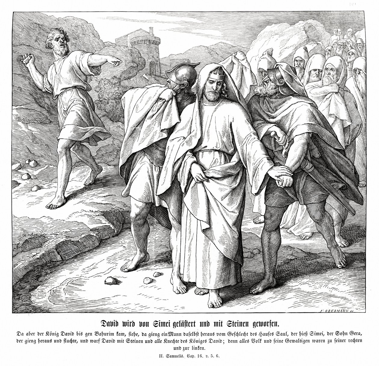Shimei bander og kaster sten efter David, 2 Samuel af Julius Schnorr von Carolsfeld