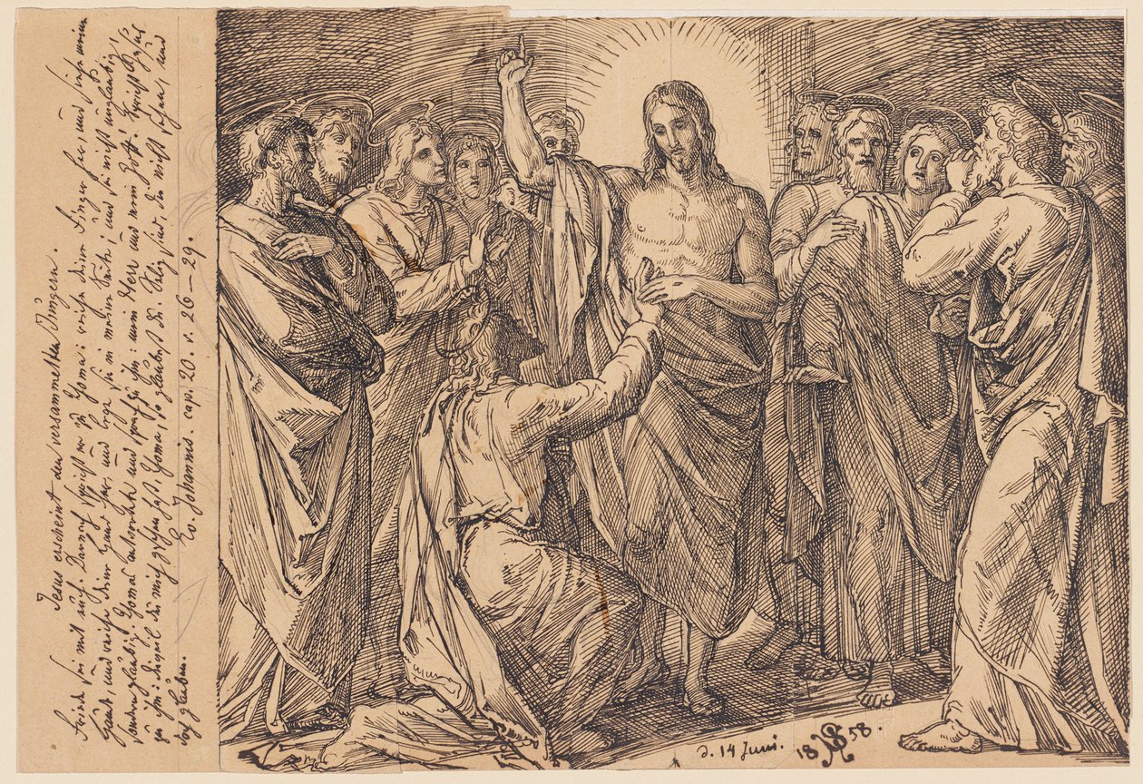 Jesus viser sig for de forsamlede disciple. Fred være med jer. Derefter siger han til Thomas: ...? af Julius Schnorr von Carolsfeld