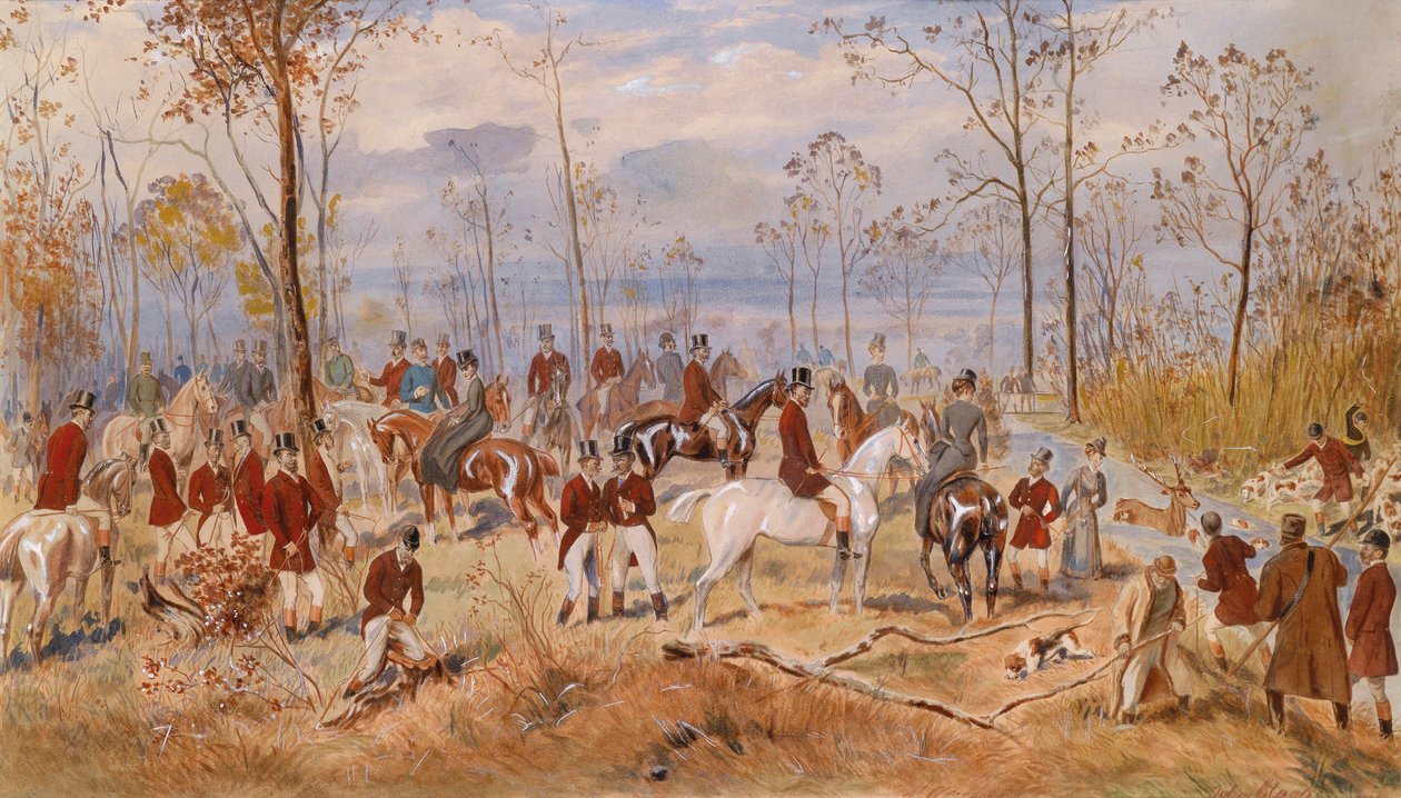 Jagten. Værk af Julius von Blaas (1845-1922), akvarel på papir, ca. 1890. Østrigsk kunst af Julius von Blaas