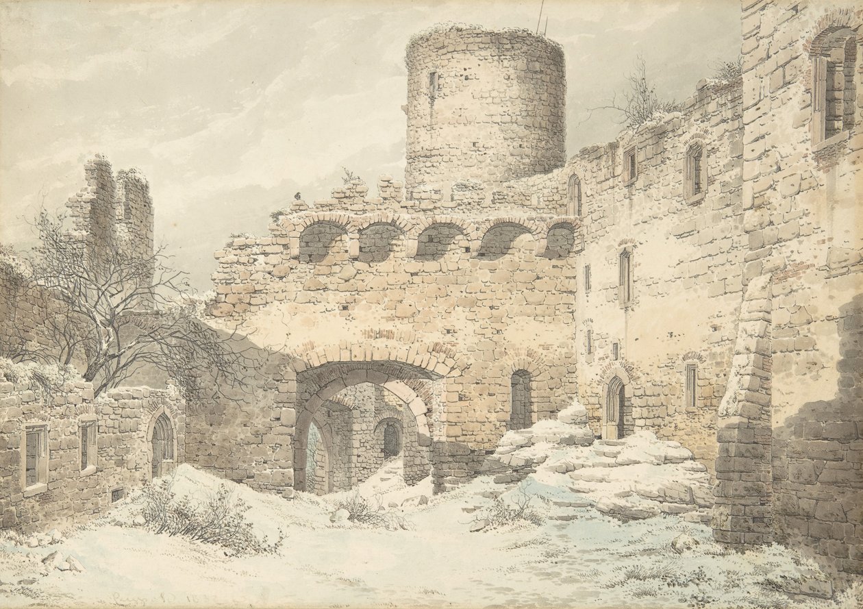 Vinterudsigt over gården til et middelalderligt slot i ruiner, 1832. af Julius von Leypold
