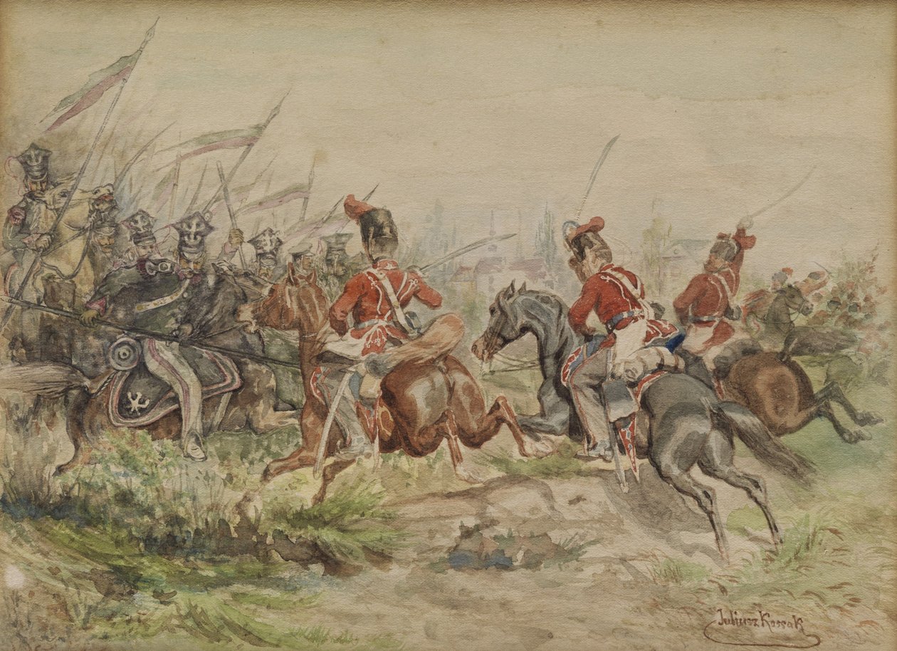 Polske soldater kæmper mod russere. Akvarel. af Juliusz Fortunat Kossak