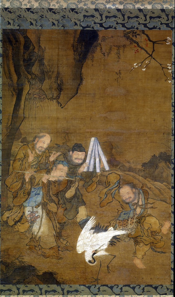 Immortals Dancing with a Crane (blæk & farve på silke) af Jun Liu