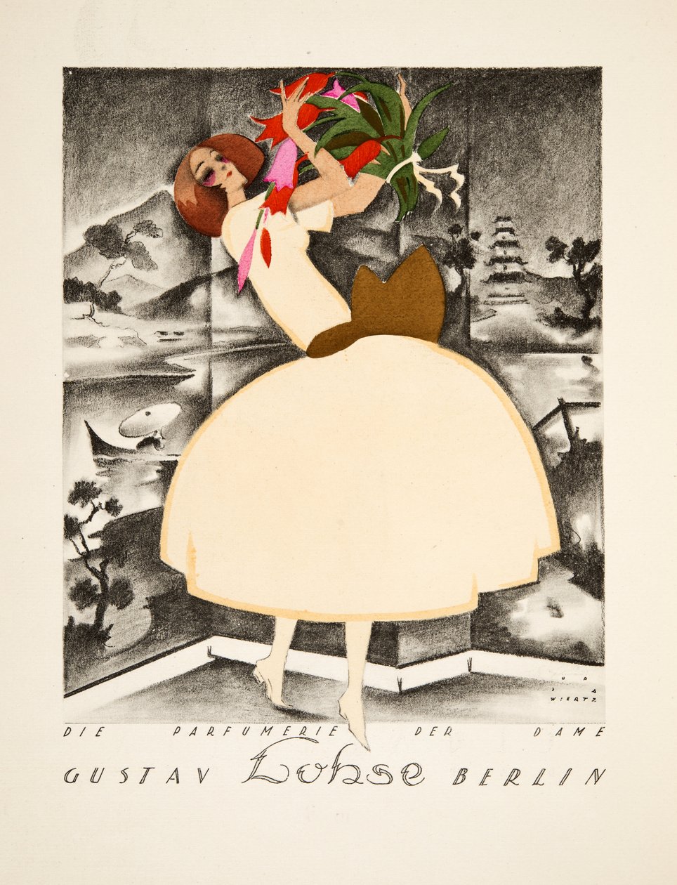 Reklame for Gustav Lohse, Berlin, Parfume til kvinder, fra Styl, udg. 1922 (pochoirtryk) af Jupp Wiertz