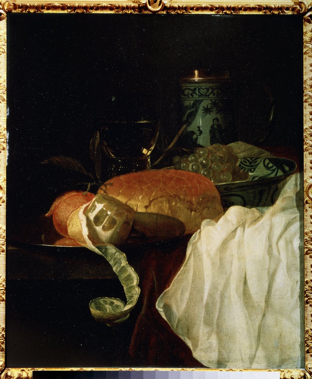Frugt, brød og vin (Fruit, bread and wine). Maleri af Jurlaen van Streeck (1632-1687). Olie på træ, 53 x 45 cm af Jurian van Streeck or Streek