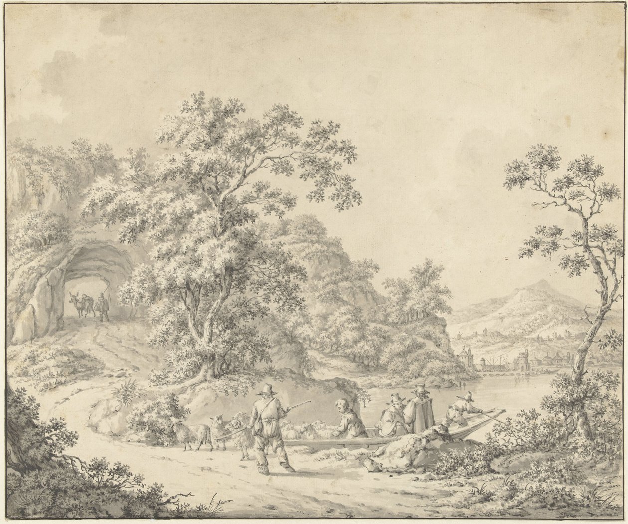 Landskab med en båd, hvori en hyrde med sin flok af Jurriaan Andriessen (attributed to)