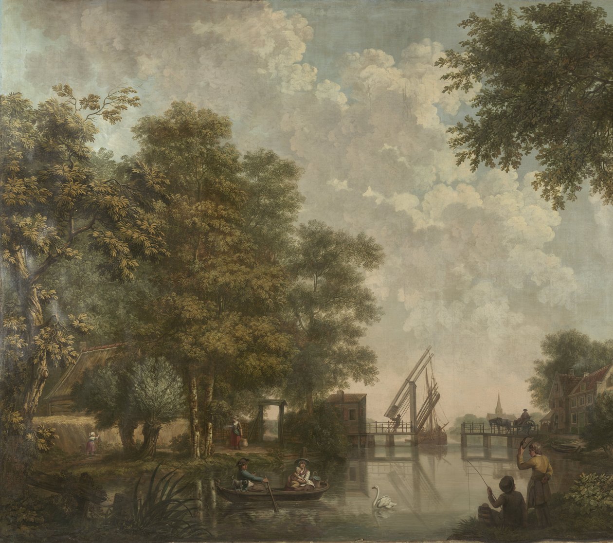 Tre vægbeklædninger med hollandsk landskab Tapet maleri af et hollandsk landskab med en åben bro Tre tapetmalerier af et hollandsk landskab af Jurriaan Andriessen (attributed to)