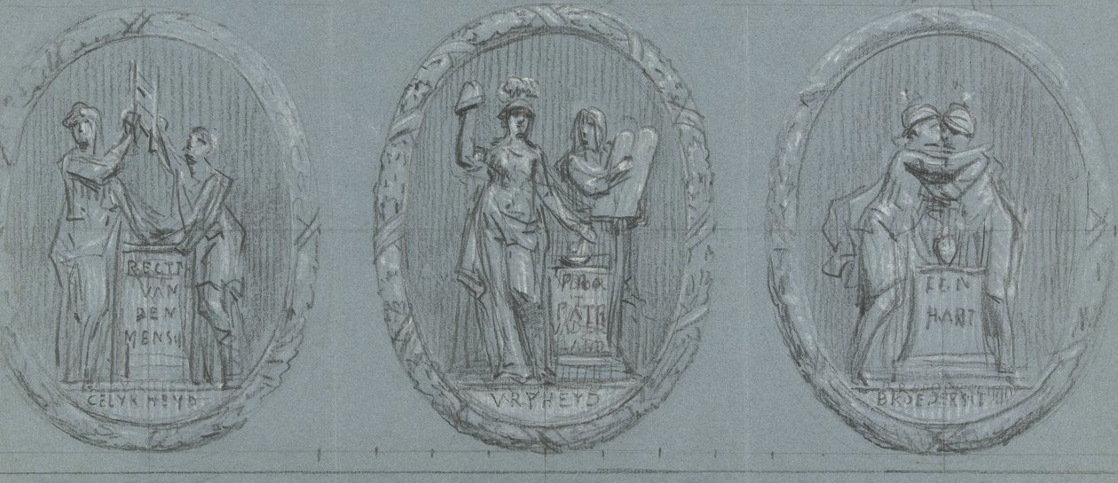 Design til tre medaljoner: Liberty, Equality og Fraternity af Jurriaan Andriessen