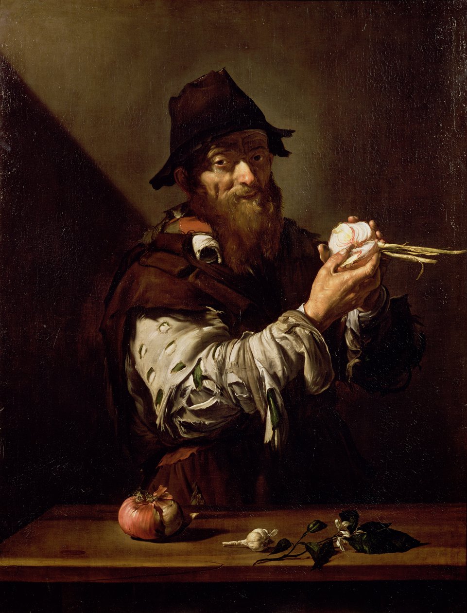 Portræt af en gammel mand med et løg af Jusepe de Ribera