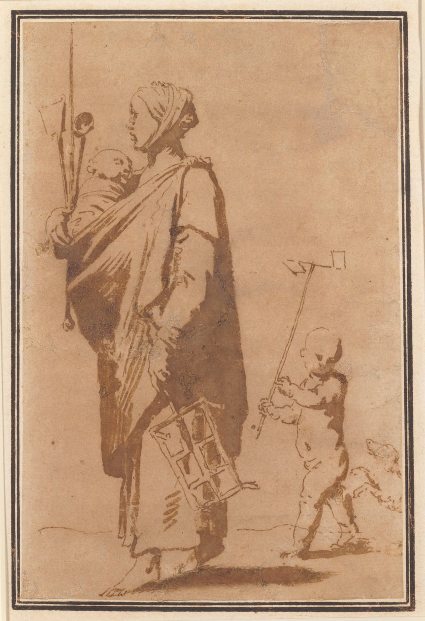 En mor med et barn og køkkenredskaber efterfulgt af en dreng og en hund af Jusepe de Ribera