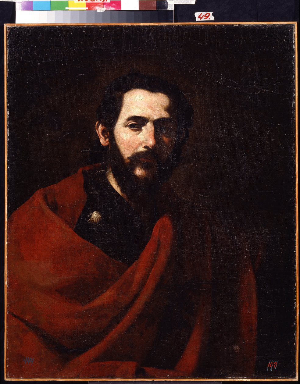 Apostlen Sankt Jakob den Store (Apostlen Sankt Jakob den Store). Portræt af Jacques de Zebedee, en af ​​Kristi tolv disciple. Maleri af Jose de Ribera kaldet il Spagnoletto ""spanieren"" (1591-1652). Olie på lærred. Spansk kunst, barokstil. R af Jusepe de Ribera