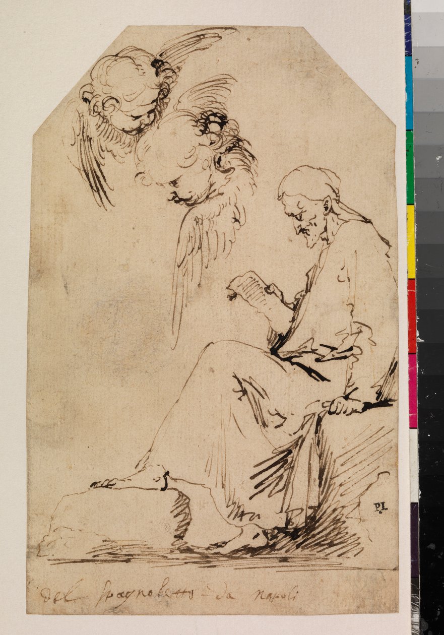 Ark med studier med en siddende mand, der læser og to keruber, 1620