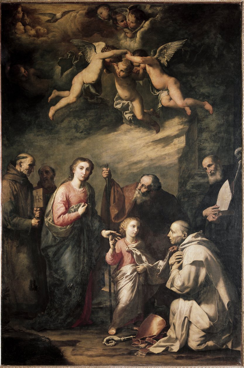 Den hellige familie med Saint Bruno fra Köln og andre hellige - den hellige familie med Saint Bruno fra Köln og andre helgener. Maleri af Jose (JUSEPE) fra Ribera, Dit Lo Spagnoletto (1591-1652) af Jusepe de Ribera