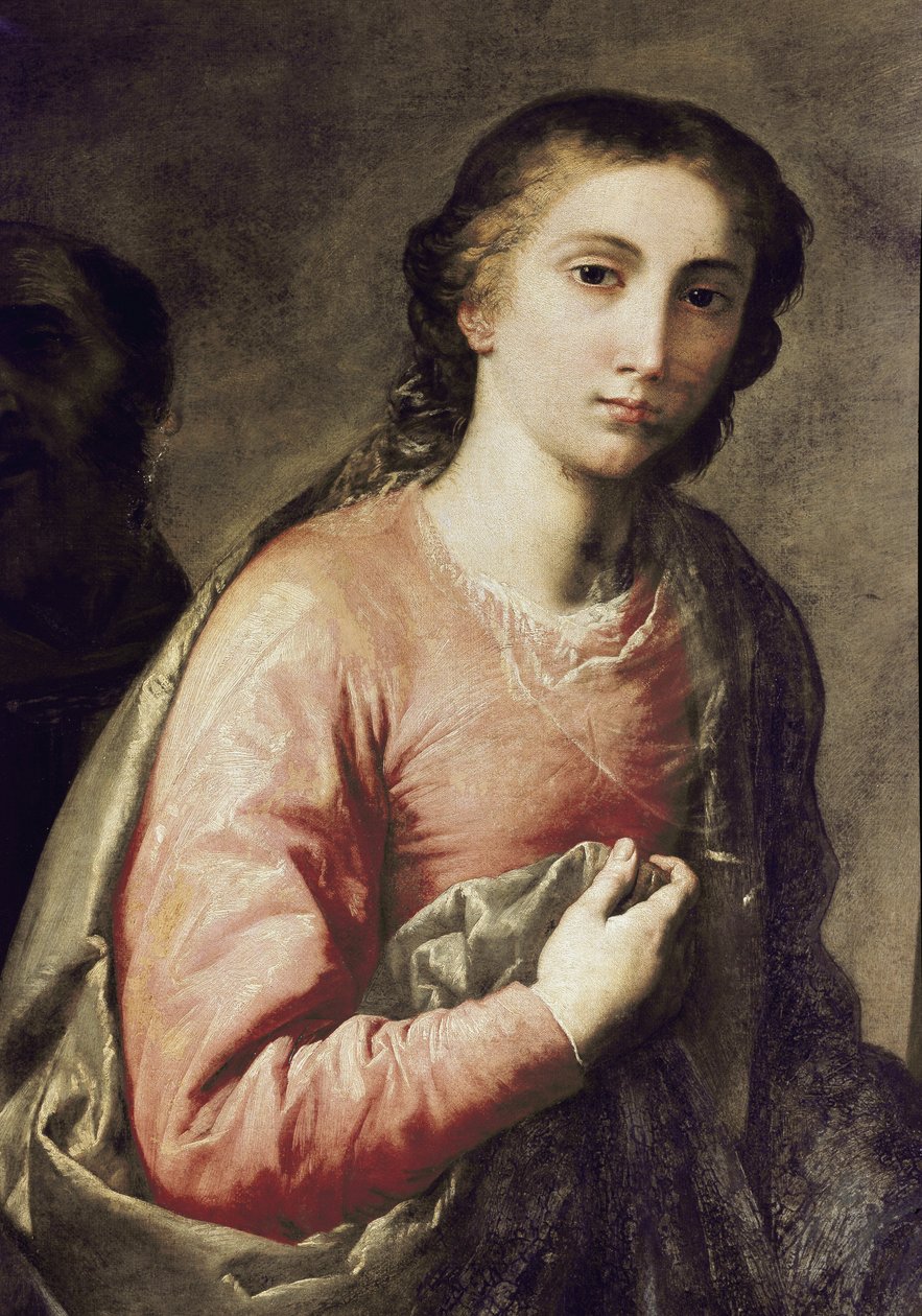 Jomfruen. Detalje af den hellige familie med Saint Bruno af Köln og andre helgener. Maleri af Jose (Jusepe) af Ribera, dit lo Spagnoletto (1591-1652) af Jusepe de Ribera