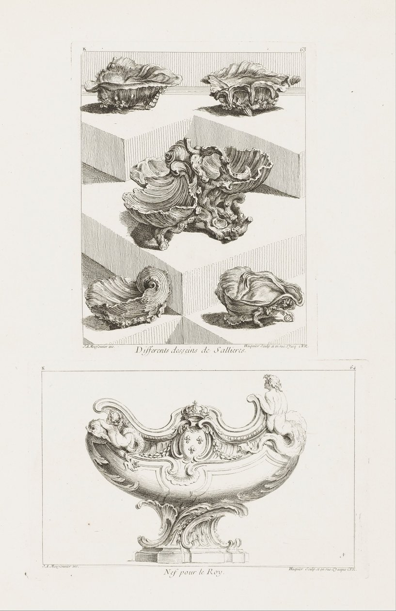 Different Desseins de Sallieres (forskellige designs til saltretter), pl. 63 i arbejde af Juste-Aurele ... af Juste Aurèle Meissonnier