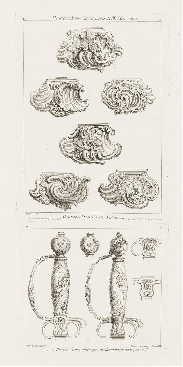 Differents Desseins de Tabatieres, premiere planche (Different Designs for Snuff Boxes), s. 49 i Oe ... af Juste Aurèle Meissonnier