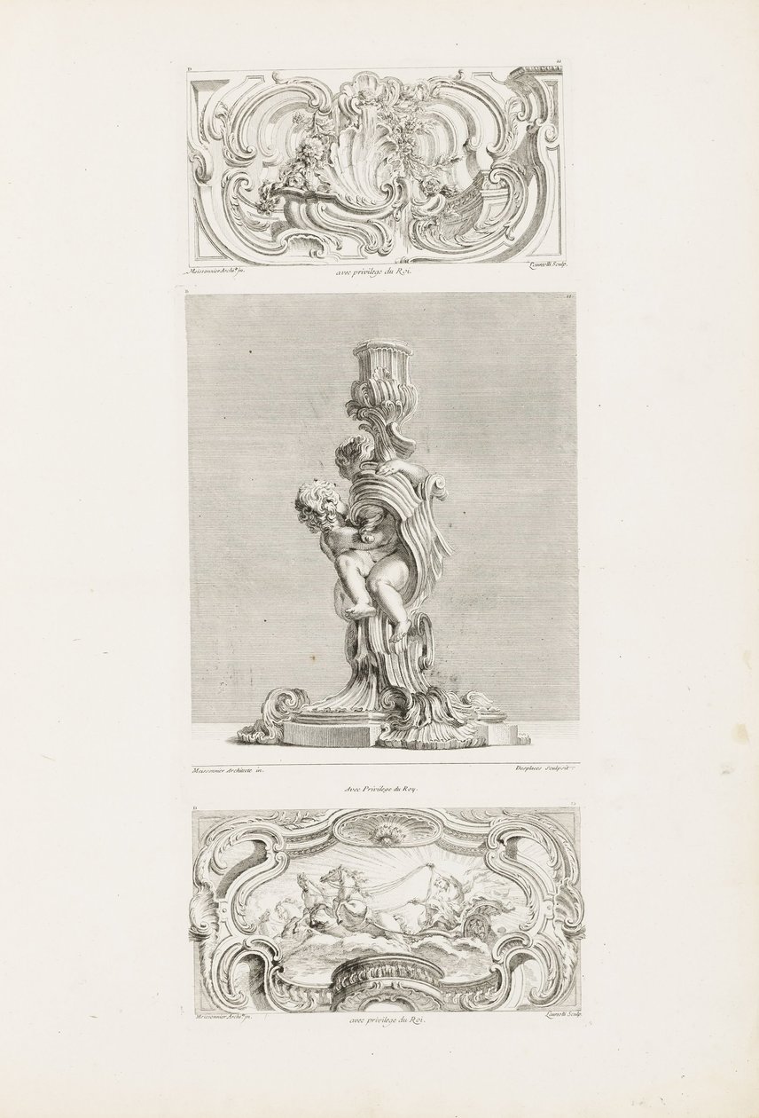 Ornament Panel med Shell Fountain flankeret af guirlander og voluter, pl. 22 i Oeuvre de Juste-Aurèle ... af Juste Aurèle Meissonnier