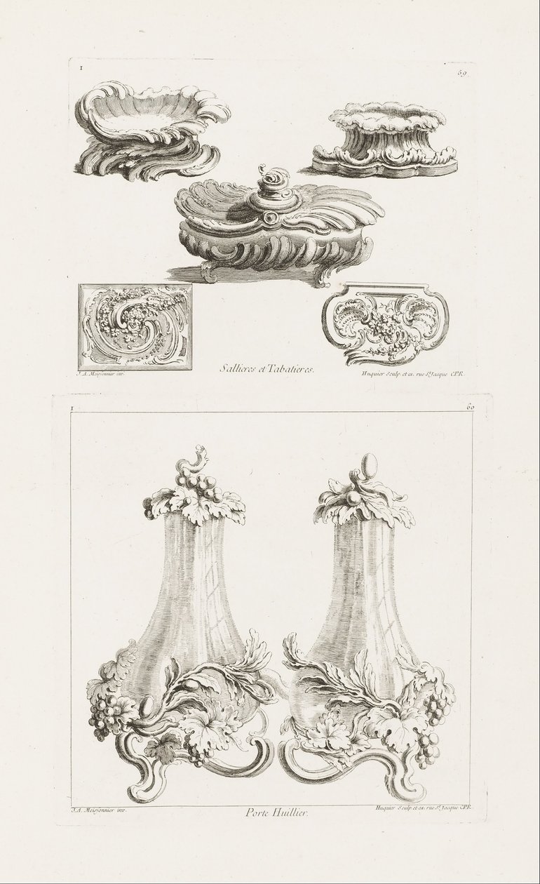 Sallieres et Tabatières (saltretter og snusbokse), plade 69 i værker af Juste-Aurèle Meissonni ... af Juste Aurèle Meissonnier