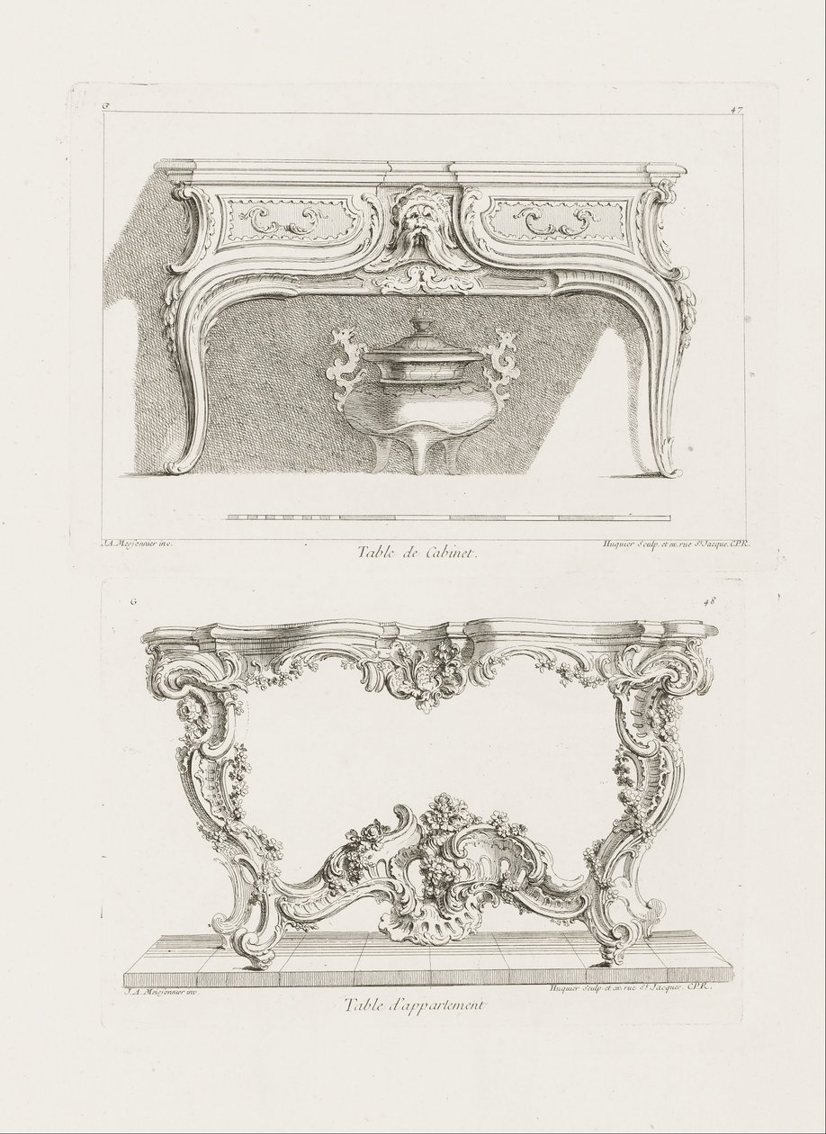 Table de Cabinet., 6. plade (Studie til et bord), pl. 47 i Oeuvre de Juste-Aurele Meissonnier af Juste Aurèle Meissonnier