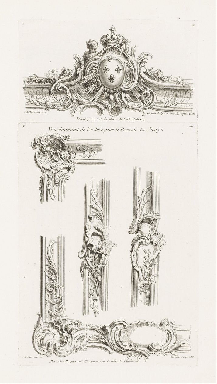 Design af Cartouche med kongens arme centreret i en grænse af Juste Aurèle Meissonnier