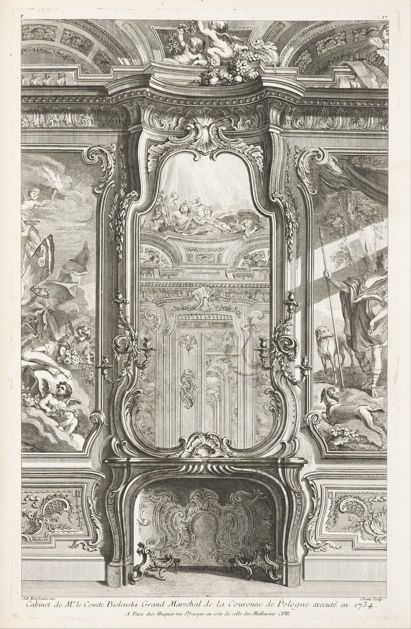 Cabinet of Count Bielenski Grand Marechal of the Crown of Poland udført i 1734; Chimneypiece med spejl, med en del af de bærende paneler og malerier på hver side, 1st Plate af Juste Aurèle Meissonnier