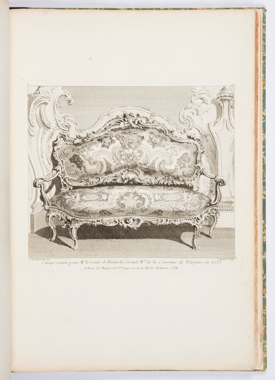 Sofa henrettet for hr. greven af ​​Bielinski Grand Mal af Polens krone, i 1735.; Sofa udført for greven af ​​Bielinski i 1735, 4. plade af Juste-Aurèle Meissonnier