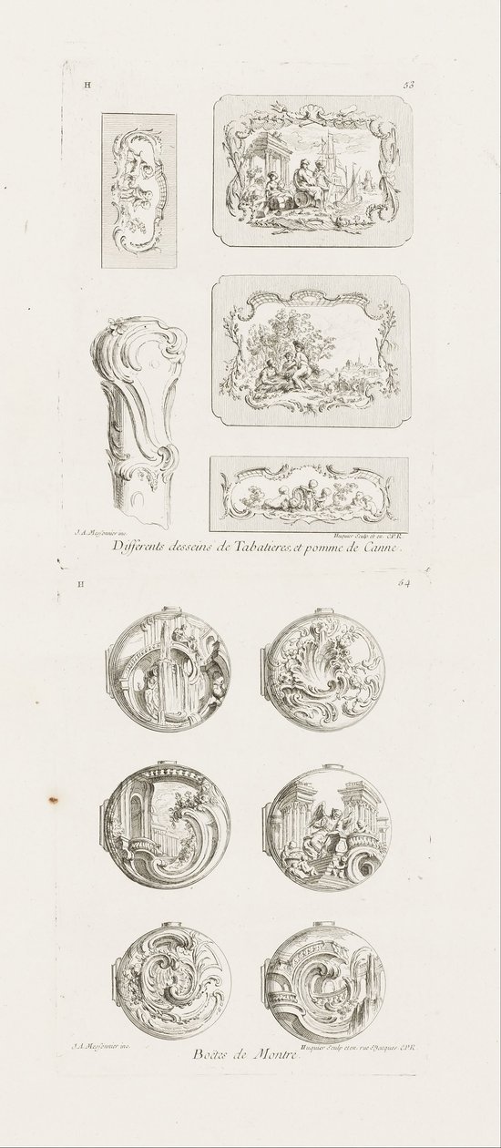 Forskellige designs til snusbokse og et rørhåndtag, 5. plade, pl. 53 i arbejde af Juste-Aurèle Meissonnier af Juste Aurèle Meissonnier