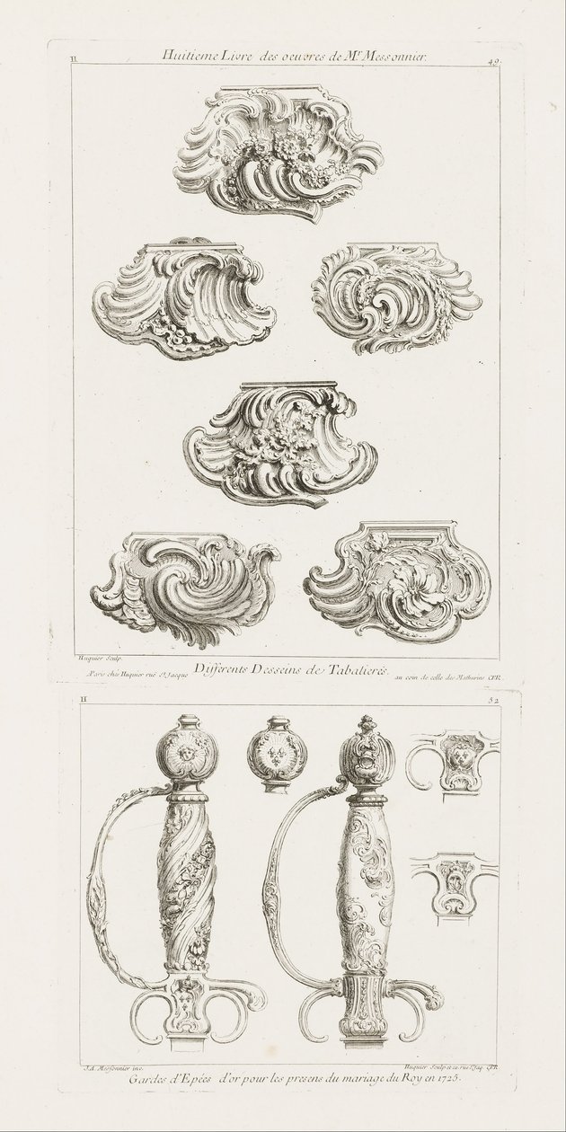 Gyldne sværdvagter til kongens ægteskabsfængsler i 1725 Sværdhåndtag til ære for kongens ægteskab i 1725, pl. 52 i arbejde af Juste-Aurele Meissonnier af Juste Aurèle Meissonnier