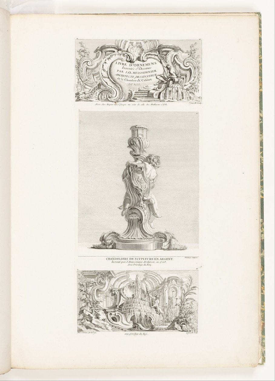 Ornaments Books Opfundet og tegnet af J.A. Meissonnier Arkitekt, tegner for soveværelset og kabinettet DU ROI, pl. 20 i værker af Juste-Aurèle Meissonnier af Juste Aurèle Meissonnier