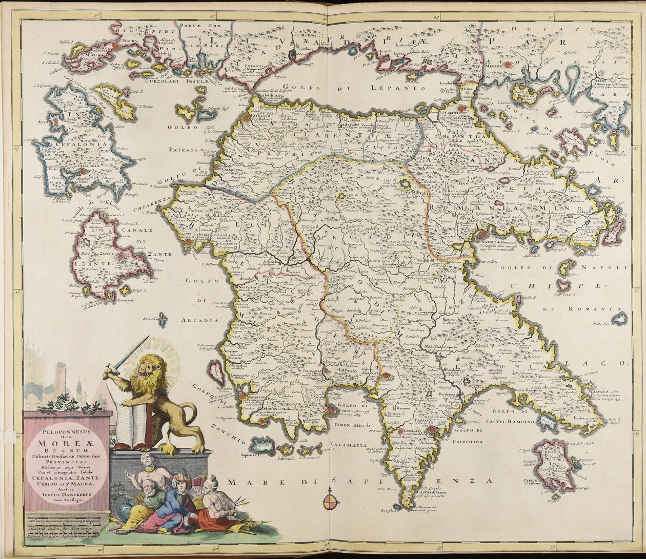 Det Osmanniske Rige på denne dag er kongeriget Morea, tydeligt opdelt i alle dets provinser, både moderne og gamle, hvortil øerne Cefalonia, Zante, Cerigo og S. Maura af Justus Danckerts