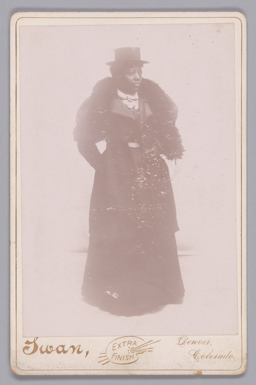 Skabskort af en uidentificeret kvinde iført høj hat og en pelsstol, ca. 1895. af Justus C. Swan