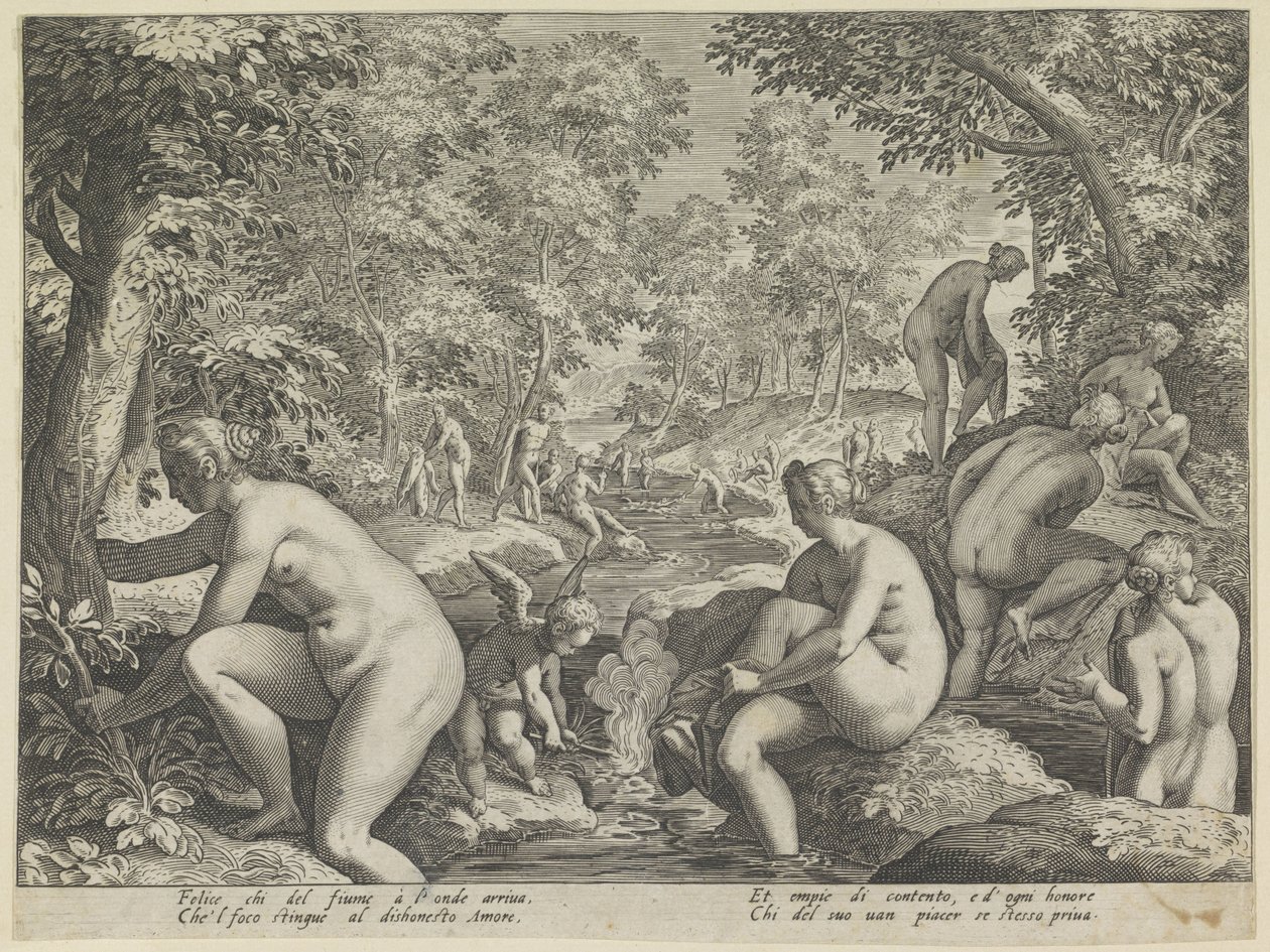 Badende kvinder og mænd Amore Letheo Forskellige aspekter af kærlighed (serietitel) af Justus Sadeler (attributed to)